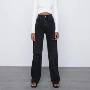 Zara High Rise Wide Leg Washed Black Distressed Jeans